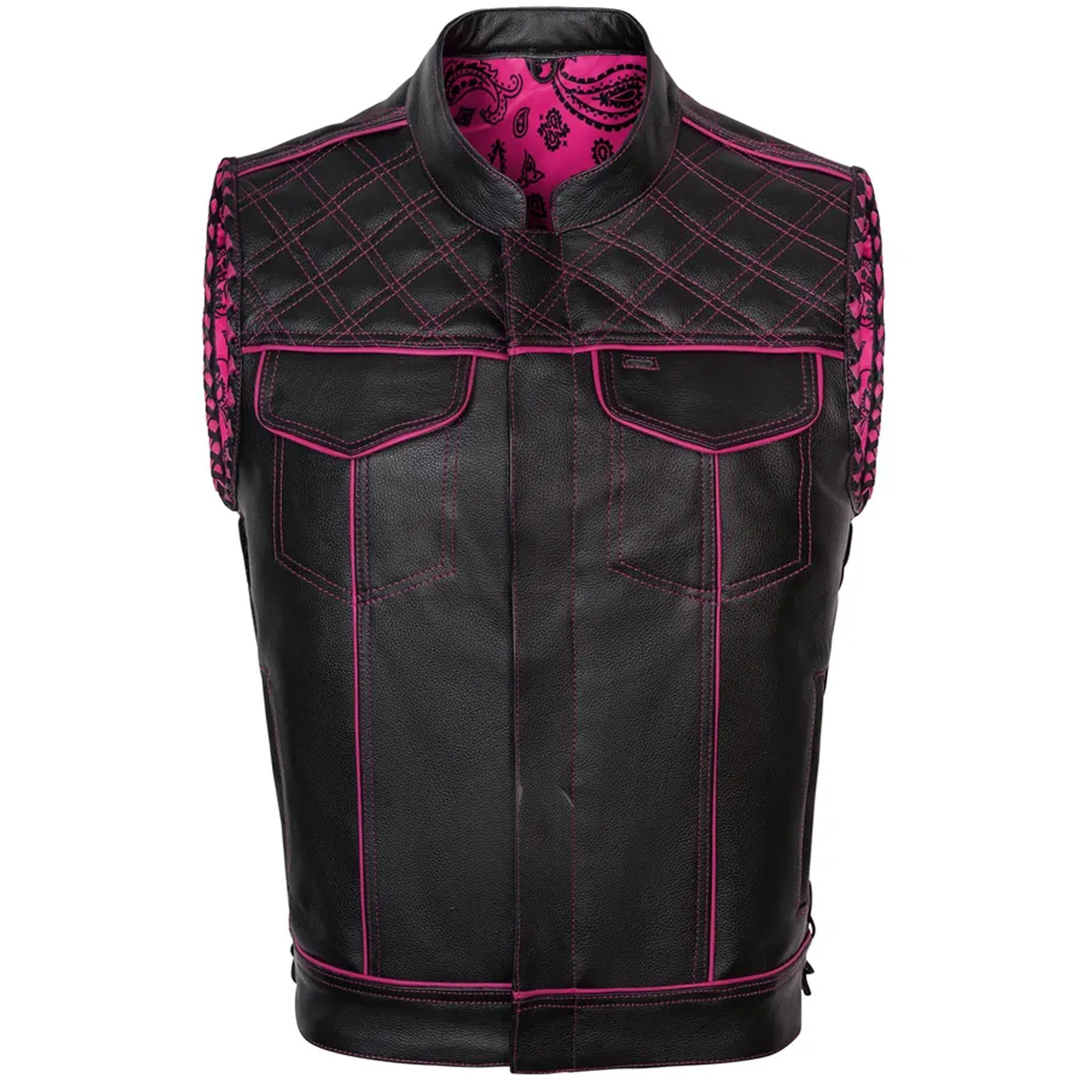 Handmade Leather Biker Vest: Diamond Quilted Black & Pink Motorcycle Riding Vest