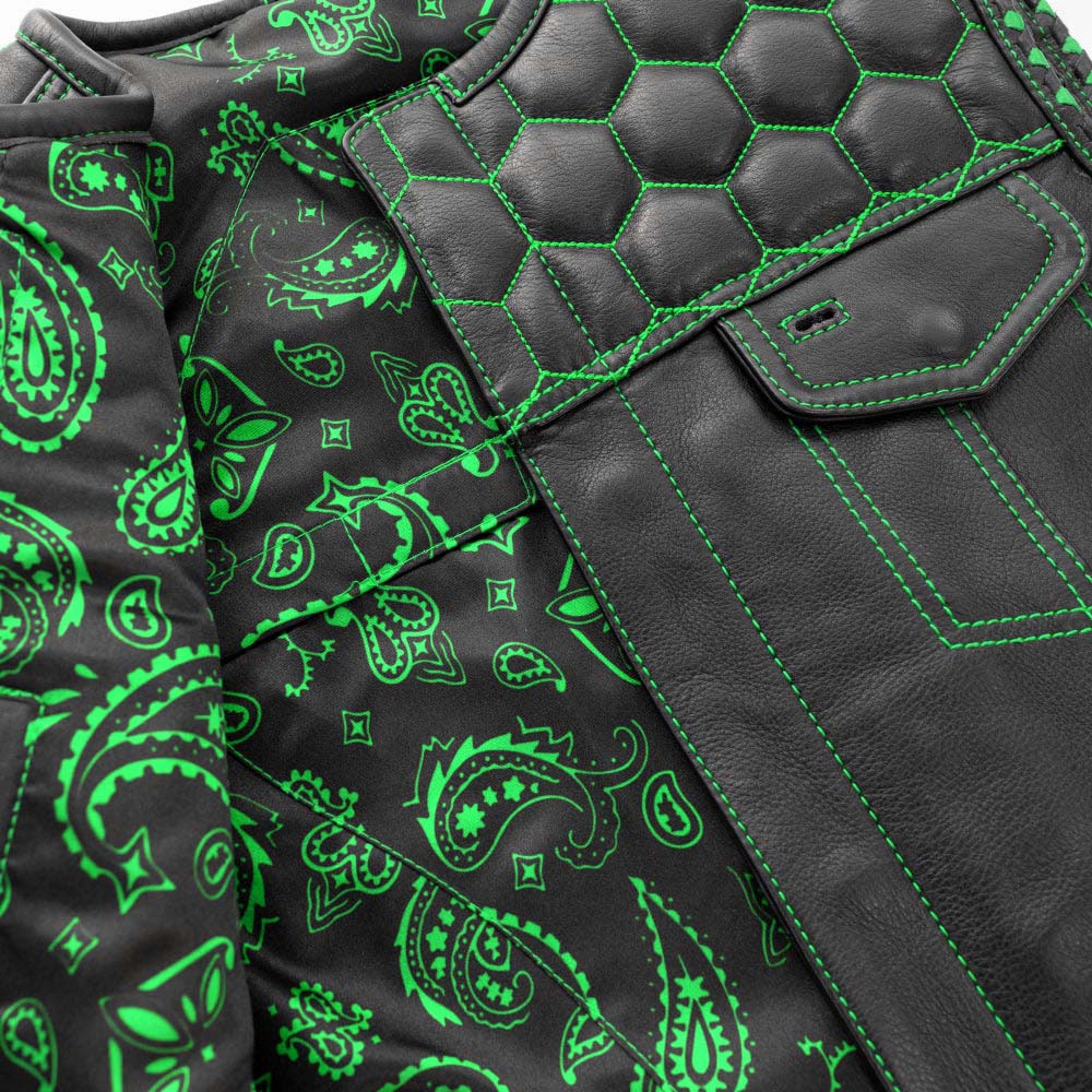 Men's Leather Vest Green paisley lining & Green Thread Concealed Waistcoat