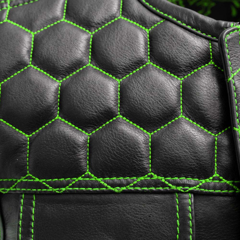 Men's Leather Vest Green paisley lining & Green Thread Concealed Waistcoat