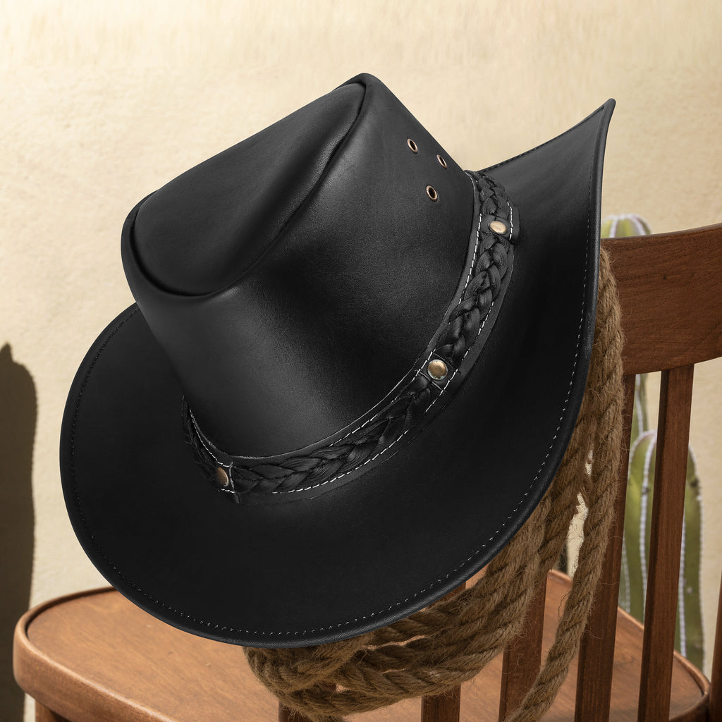 Black Leather Cowboy Hat – Braided Band, Wide Brim Western Style