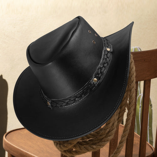 Black Leather Cowboy Hat – Braided Band, Wide Brim Western Style