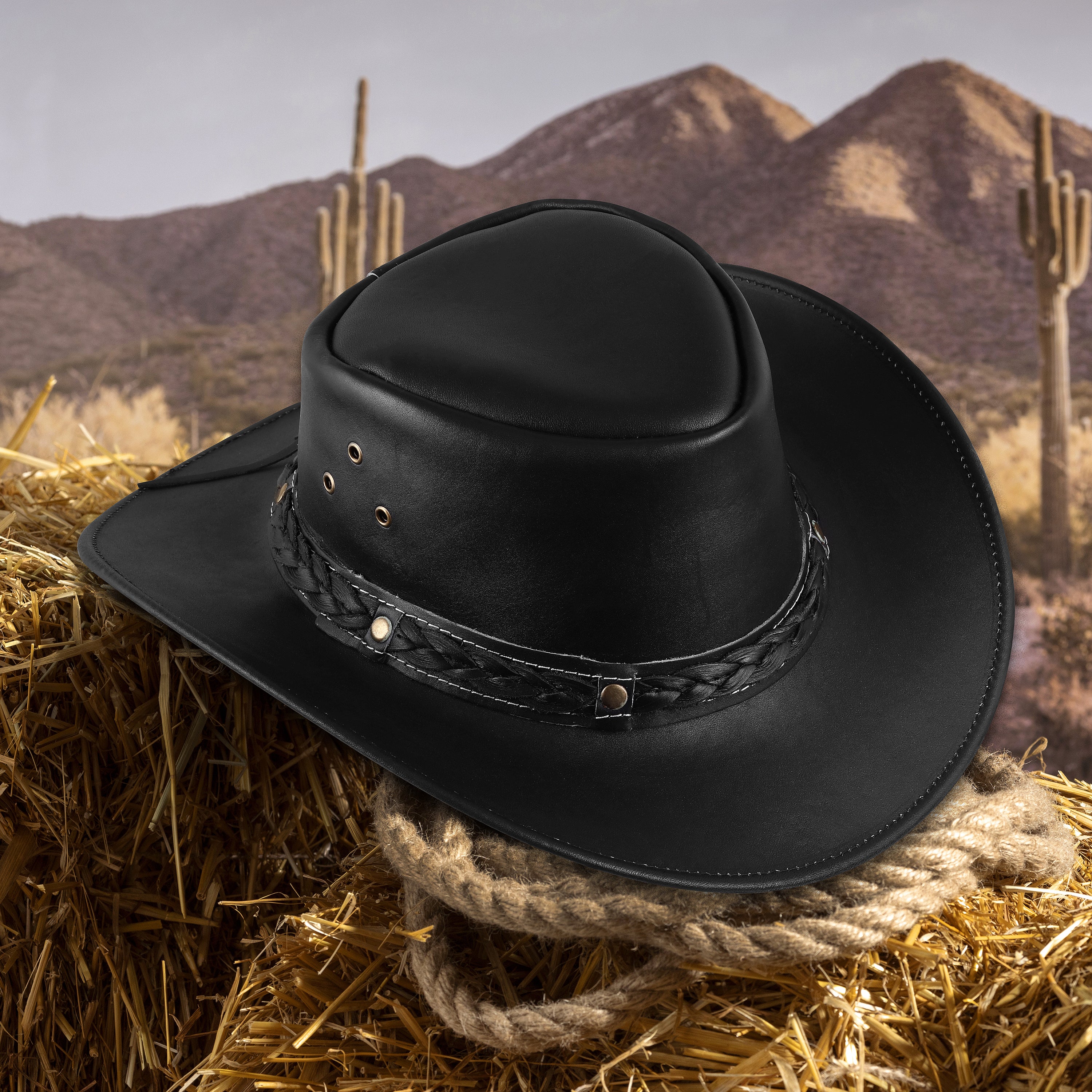Black Leather Cowboy Hat – Braided Band, Wide Brim Western Style
