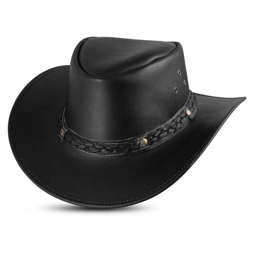 Black Leather Cowboy Hat – Braided Band, Wide Brim Western Style