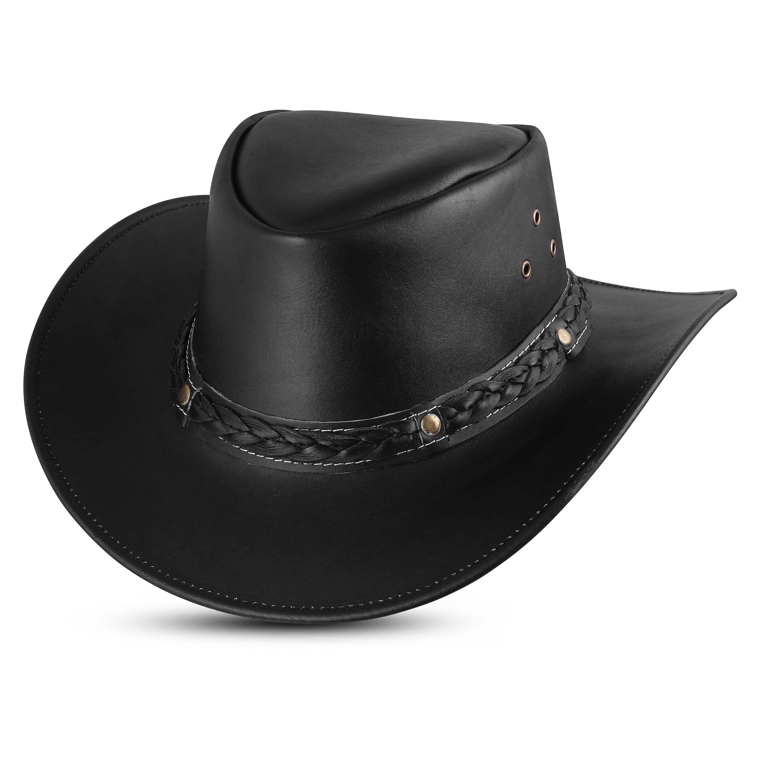 Black Leather Cowboy Hat – Braided Band, Wide Brim Western Style