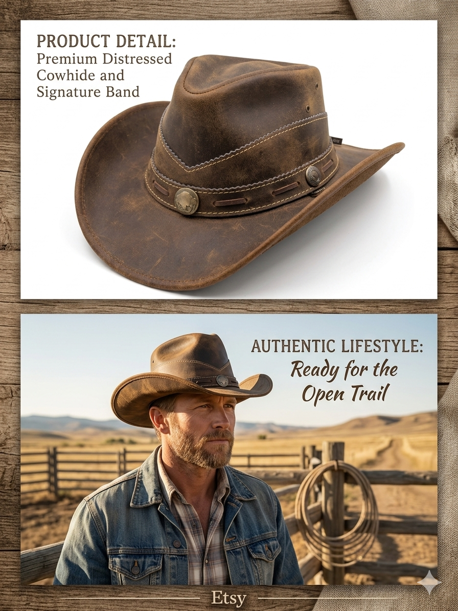 Distressed Brown Leather Cowboy Hat – Western Outback Wide Brim Ranch Hat