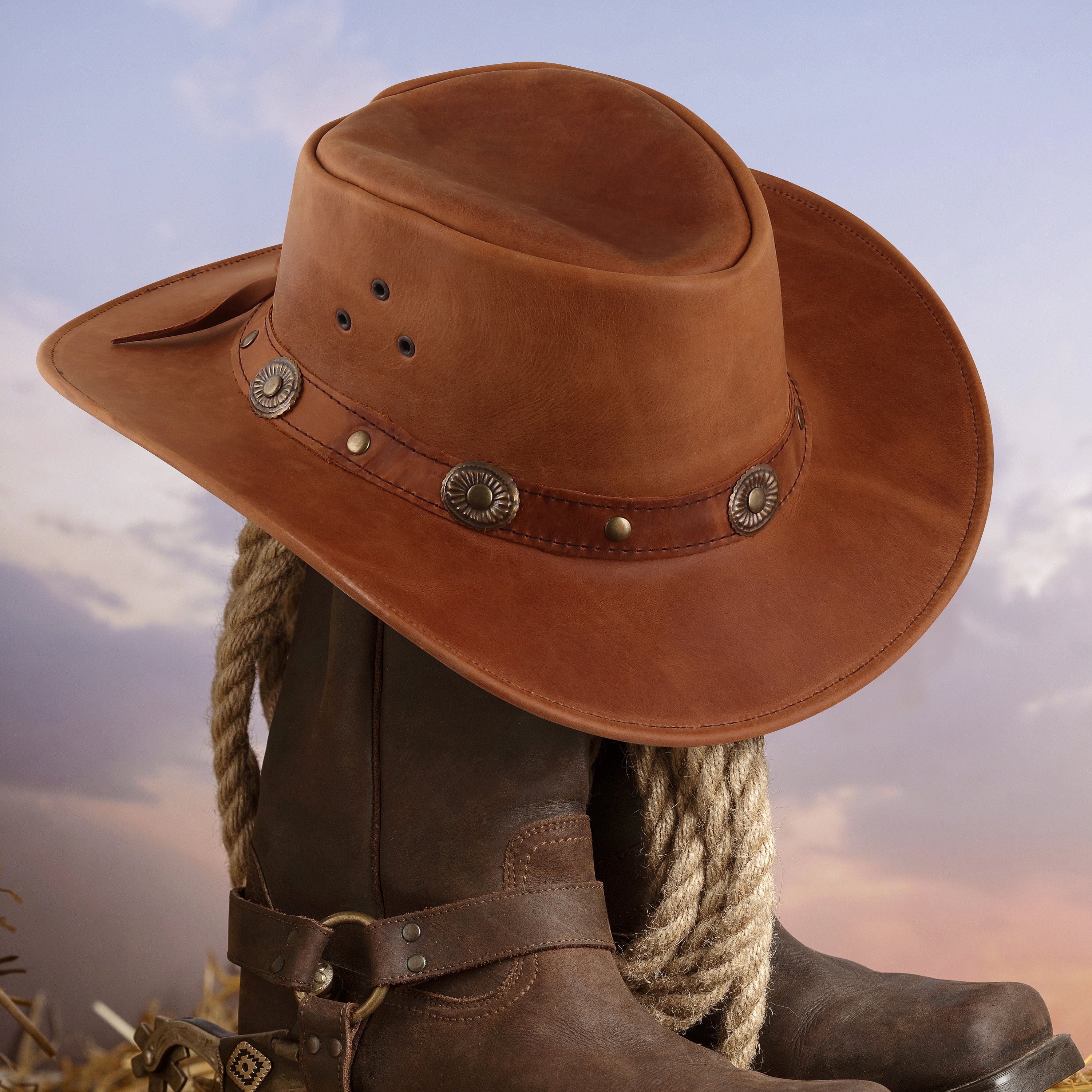 Vintage Brown Leather Cowboy Hat – Rustic Ranch Style, Unisex
