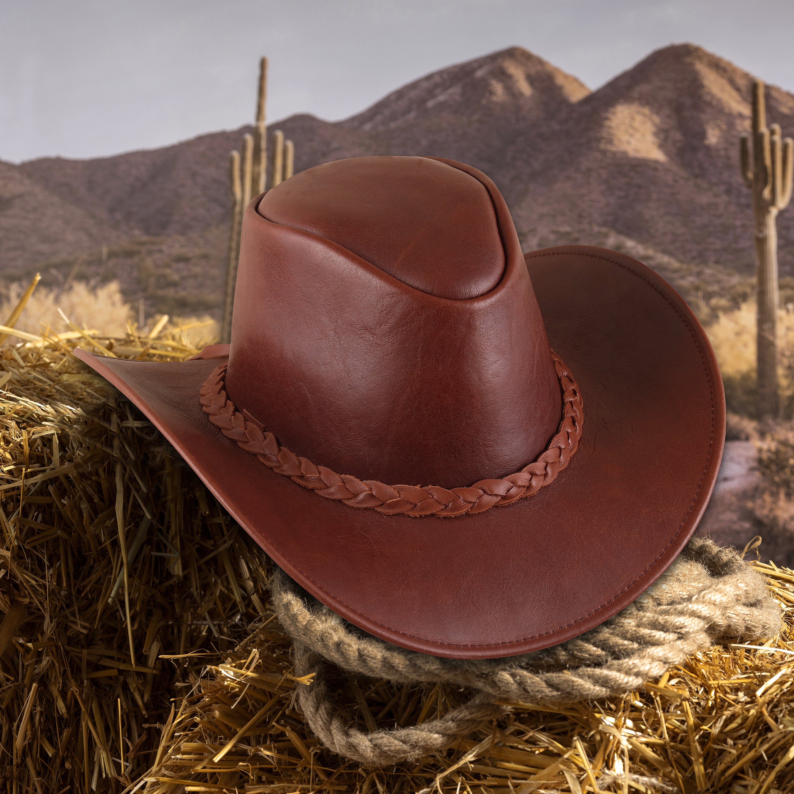 Brown Leather Cowboy Hat – Braided Band Western Outback Style