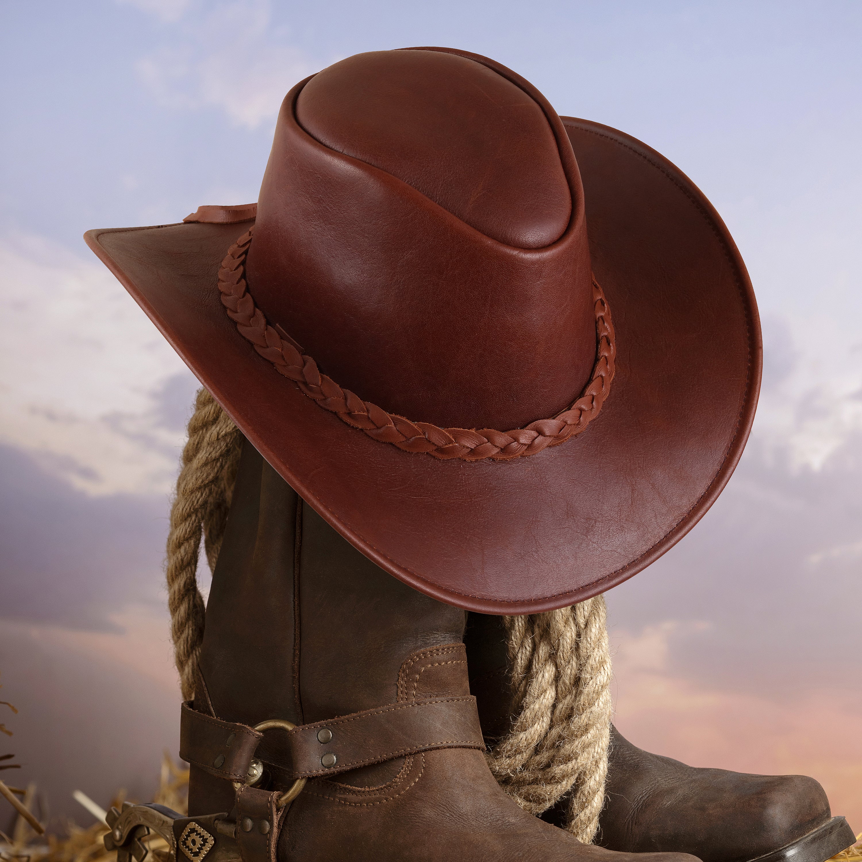 Brown Leather Cowboy Hat – Braided Band Western Outback Style