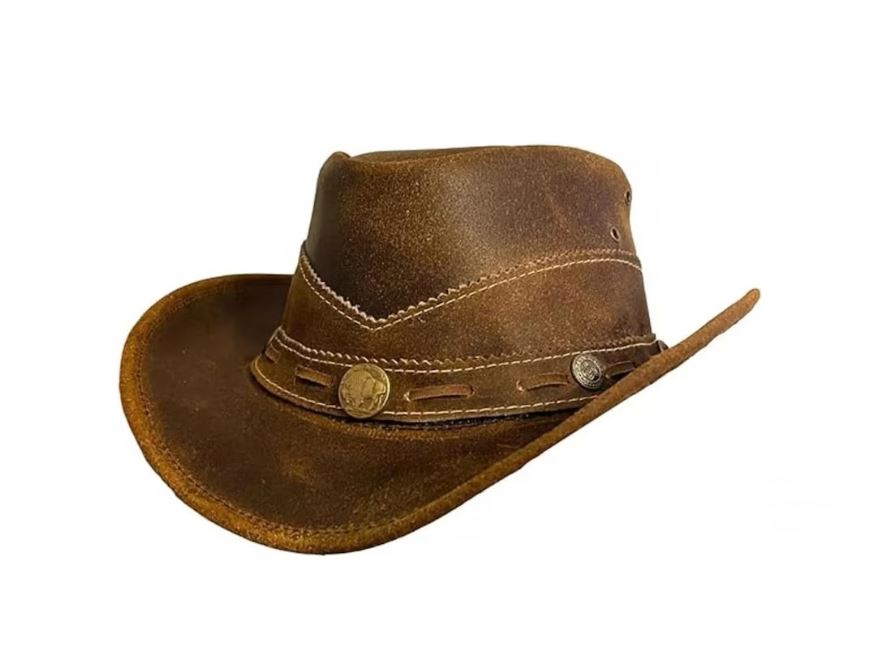 Distressed Brown Leather Cowboy Hat – Western Outback Wide Brim Ranch Hat