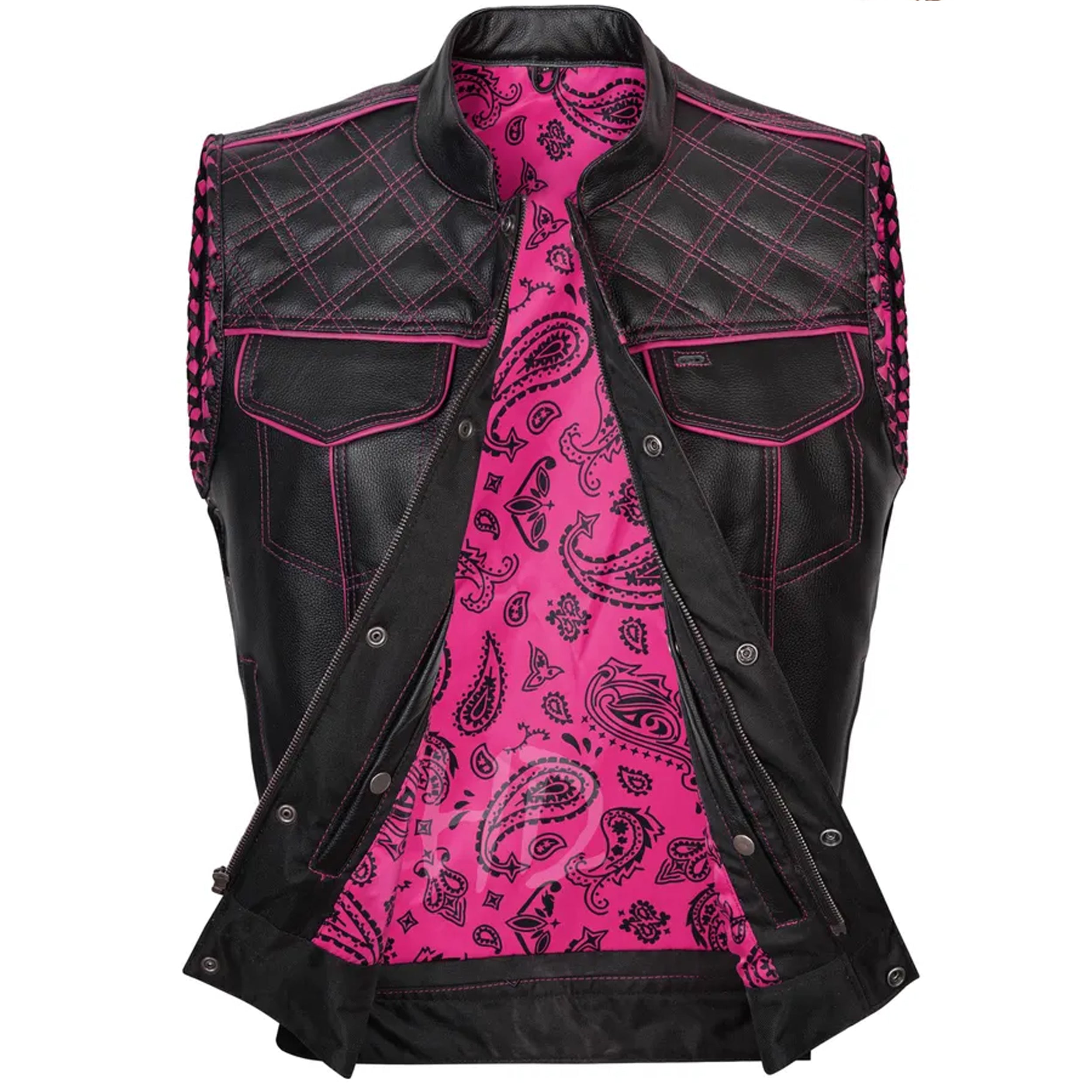 Handmade Leather Biker Vest: Diamond Quilted Black & Pink Motorcycle Riding Vest
