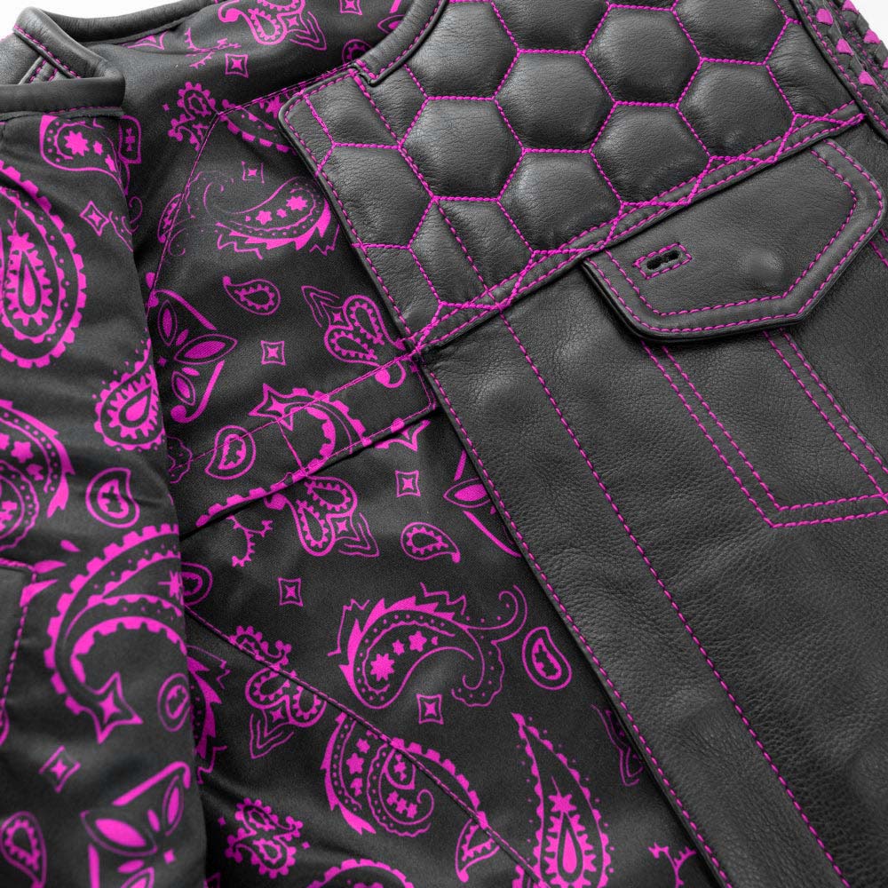 Men's Leather Vest Purple paisley lining & Purple Thread Concealed Waistcoat
