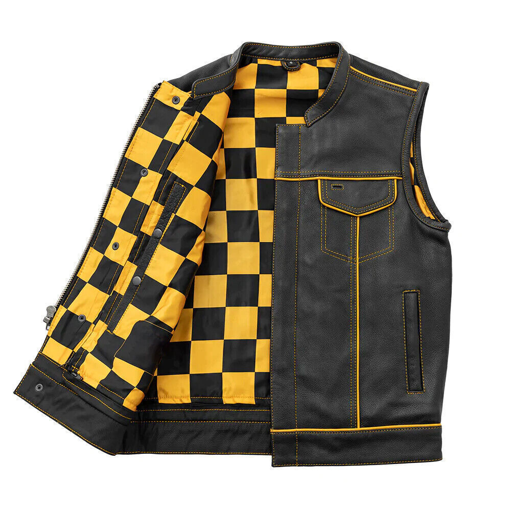 Men's Black Leather Vest Yellow & Black Checker Inner Motorbike Riding Waistcoat