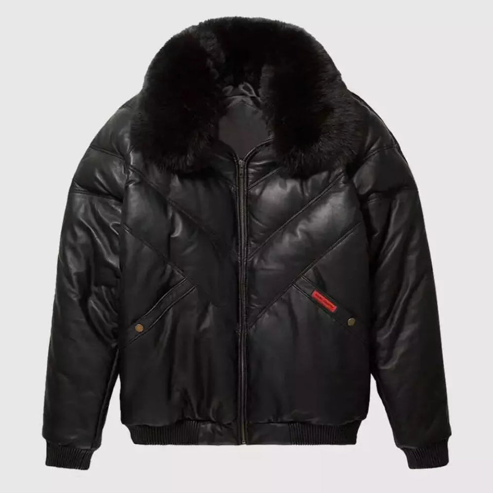 Mens V Bomber Lambskin Leather Jacket with Fur Collar