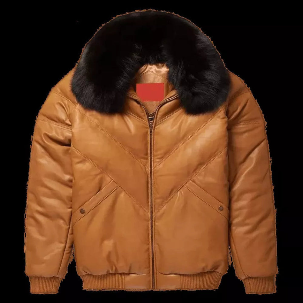 Mens V Bomber Lambskin Leather Jacket with Fur Collar