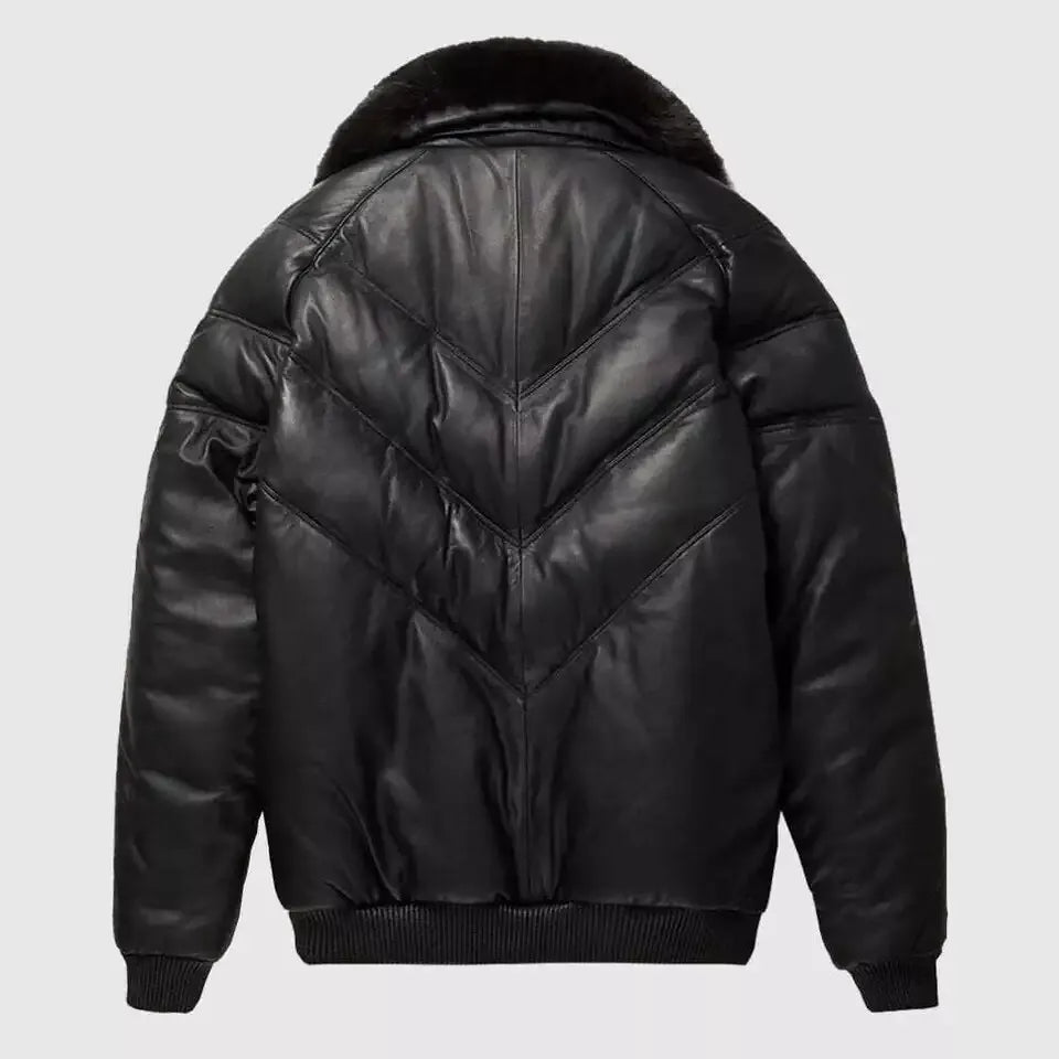 Mens V Bomber Lambskin Leather Jacket with Fur Collar