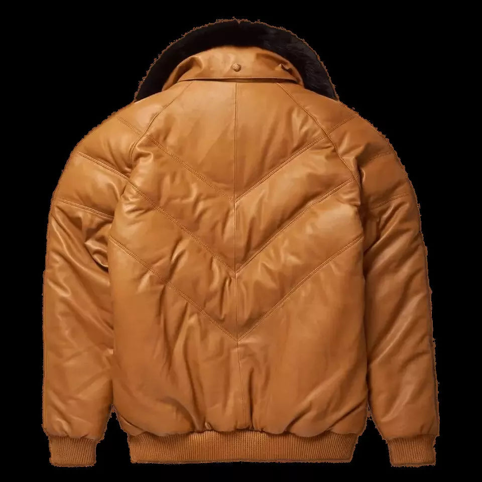 Mens V Bomber Lambskin Leather Jacket with Fur Collar