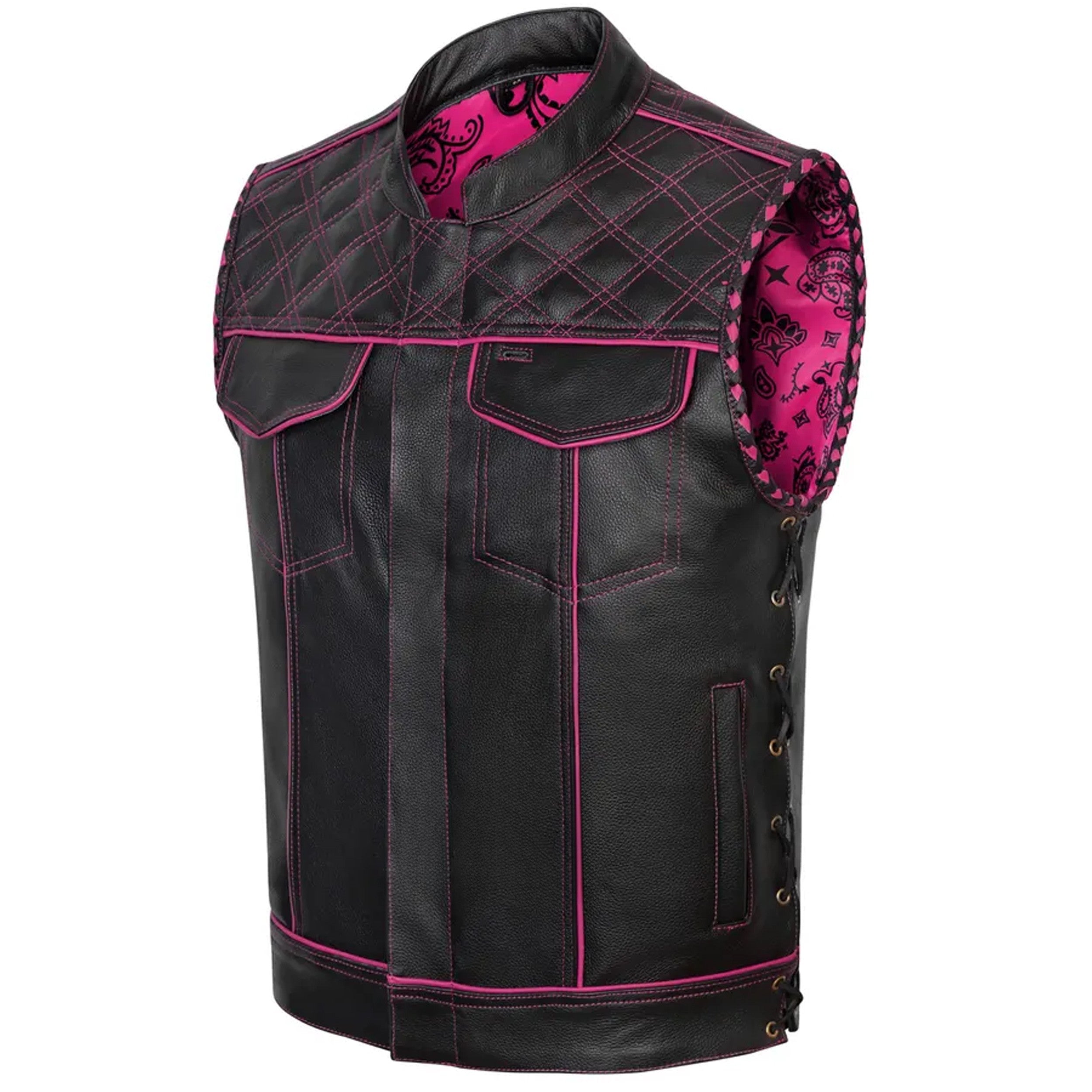Handmade Leather Biker Vest: Diamond Quilted Black & Pink Motorcycle Riding Vest